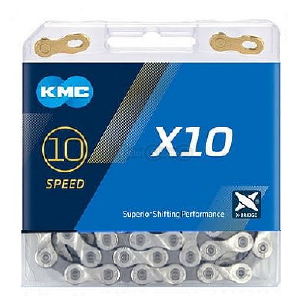 Цепь KMC X10 10 скоростей серая/серебро 114 звеньев + золотистый замок