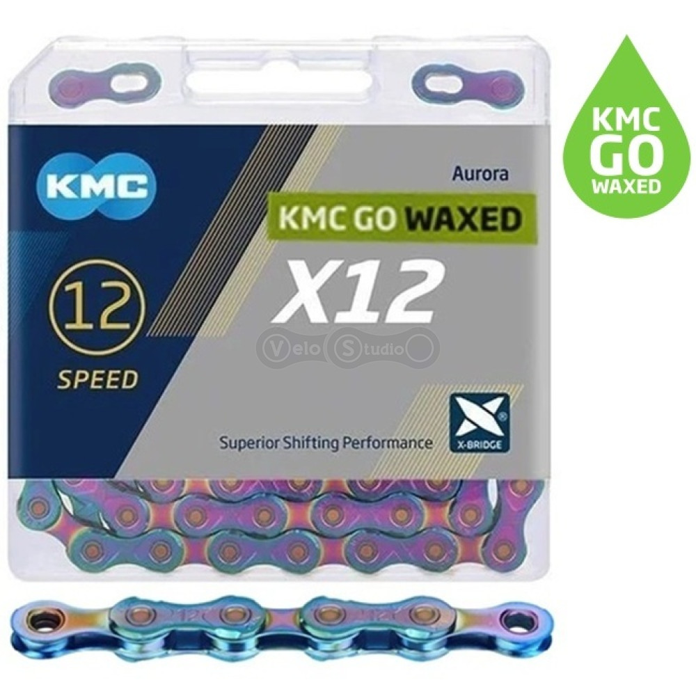 Цепь KMC X12 Aurora Blue 12 скоростей, 126 звеньев + замок Waxed (смазка KMC GO WAX)