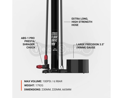 Напольный насос LEZYNE STEEL FLOOR DRIVE HV Манометр 3,5 черный 100psi Y18