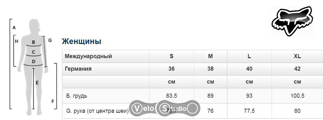 Розмірна сітка жіночих курток Fox